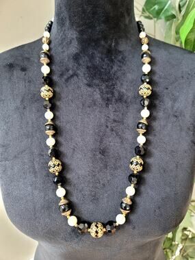 Black White & Gold Tone Beaded Long Statement Necklace Classic Fashion Jewelry